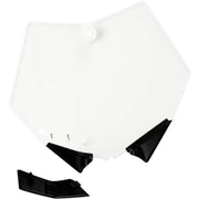 White plastic number plate with black mounting hardware for 2082020002 Front Number Plate