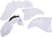 White plastic kit for motorcycles, including front and rear fenders, side panels, and radiator scoops, original factory shape and color for specific model/year, product code 2082030002.