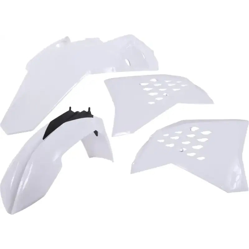 White plastic kit for motorcycles, including front and rear fenders, side panels, and radiator scoops, original factory shape and color for specific model/year, product code 2082030002.