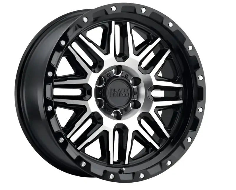 Black and silver Wheel Pros Black Alamo 20x9 wheel with rugged design