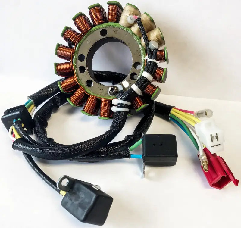Motorcycle stator Suz with wiring harness meets OEM specs, backed by 1-year warranty