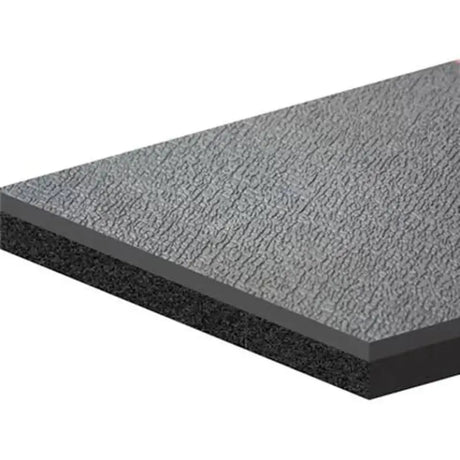 Textured gray and black layered material of Dyna Deck by Dynamat Dyna for soundproofing