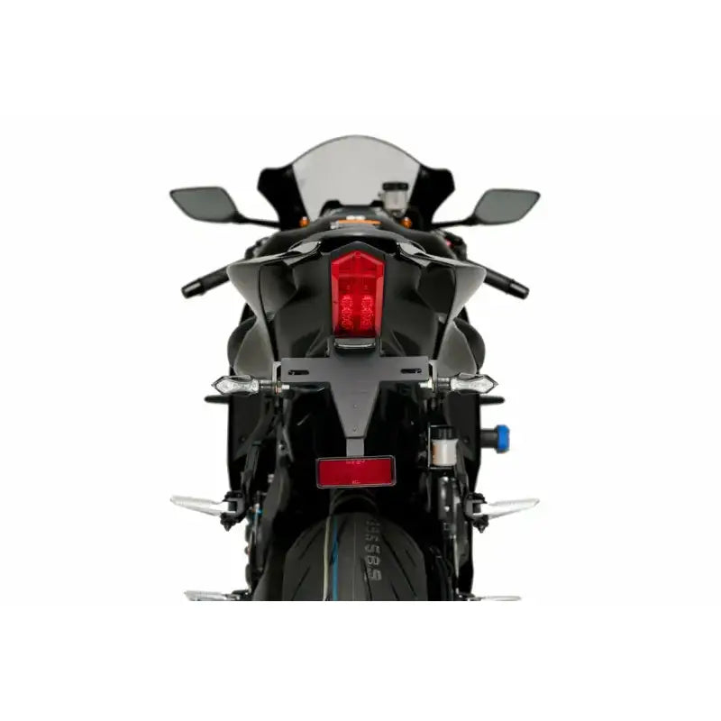 Stainless steel black powder coated fender eliminator for Yamaha motorcycles with turn signal mounts.