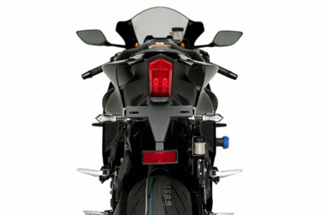 Stainless steel black powder coated fender eliminator for Yamaha motorcycles with turn signal mounts.