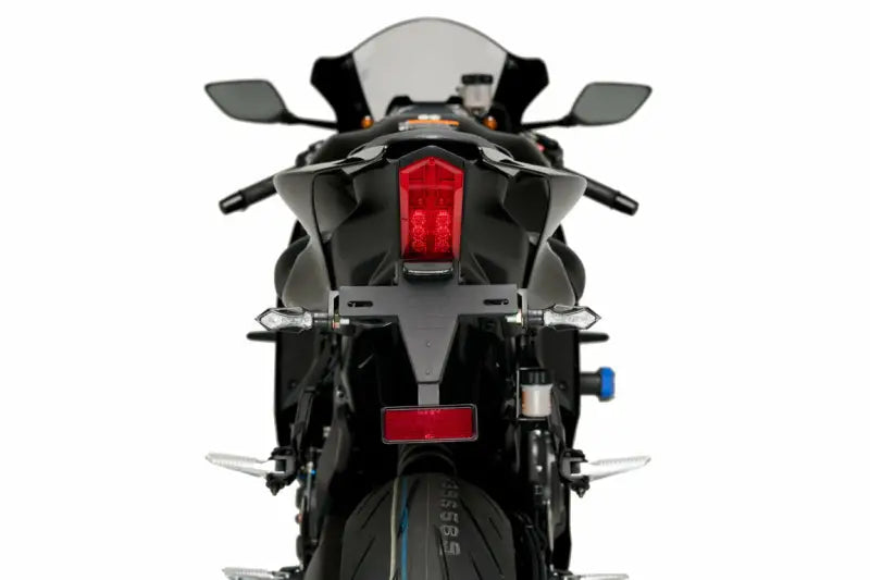 Stainless steel black powder coated fender eliminator for Yamaha motorcycles with turn signal mounts.