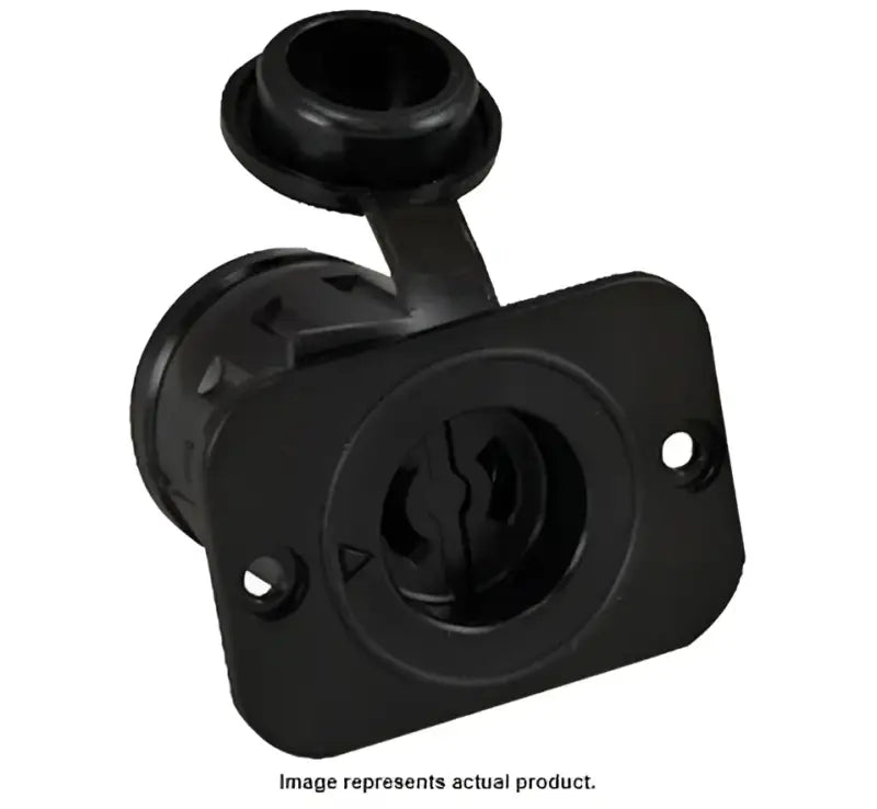 Black marine power inlet with cover for depthpwr electrical socket on Scotty Inc. boat