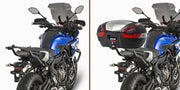 Blue motorcycle with and without black top case showcasing 2130Fz Top Case Hardware for luggage mounting hardware