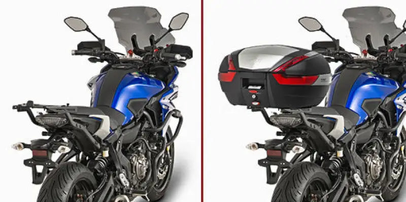 Blue motorcycle with and without black top case showcasing 2130Fz Top Case Hardware for luggage mounting hardware