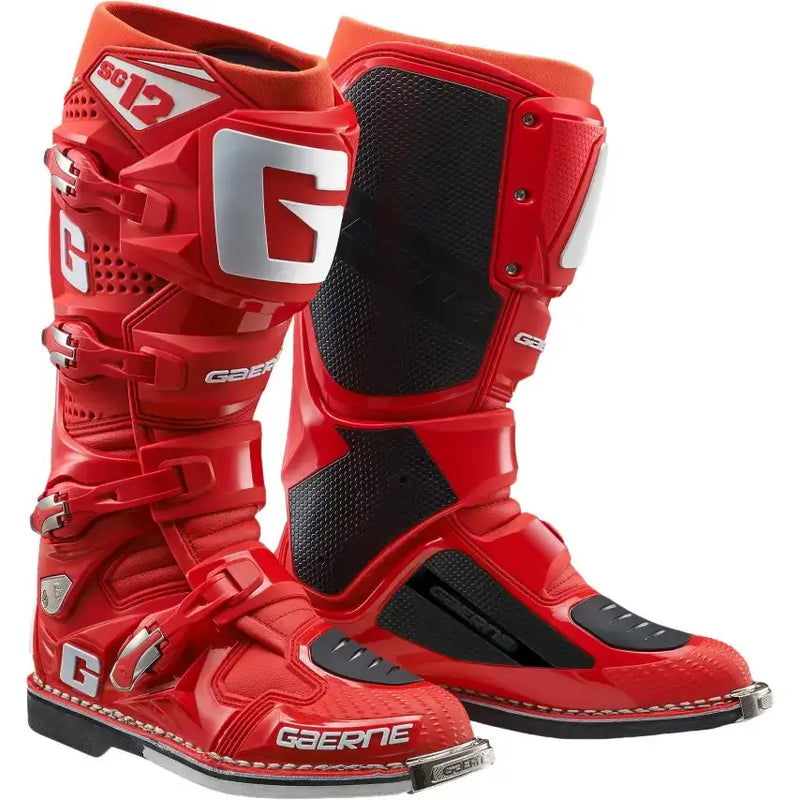 Red SG-12 boots with streamlined toe box, silver buckles, black accents, comfy memory foam interior