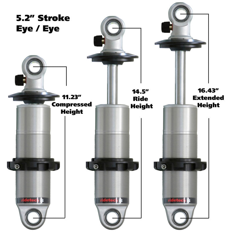 Ridetech 24159901 Ridetech HQ Series CoilOver Shock 5.2in Travel 2.5in Coil Eye/Eye Mounting 11.225inx16.425in