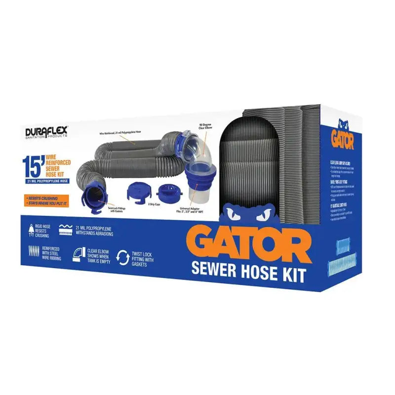 22003 Duraflex Sewer Hose Kit 15' Wire Rib in packaging with Gator branding shown on box. Durable, stable, convenient waste disposal solution for RVs.