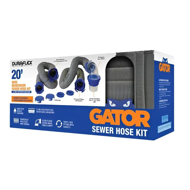 22004 Duraflex Sewer Hose Kit 20' Wire Rib for RVs, flexible and durable waste management solution featuring 20' length and wire rib construction from Gator.