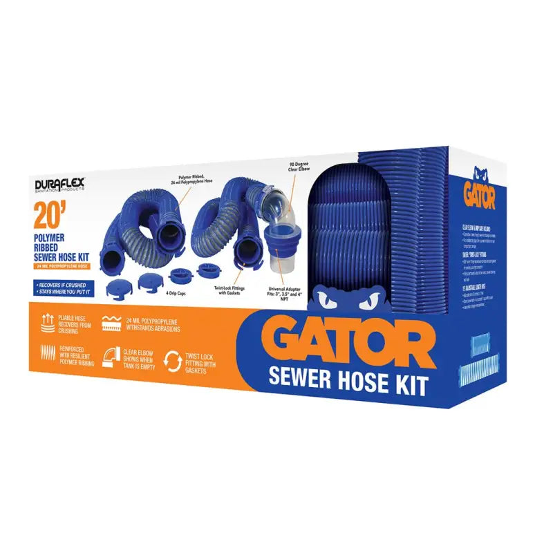 22006 Duraflex Sewer Hose Kit 20' Plastic Rib packaged in a Gator box, featuring flexible and durable polymer ribbed construction for RV and camping use.