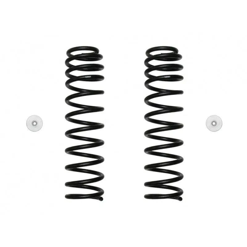 22025 Icon JL 2.5' Front Dual Rate Spring Kit for enhanced vehicle suspension and off-road performance. Two black coil springs and mounting hardware.