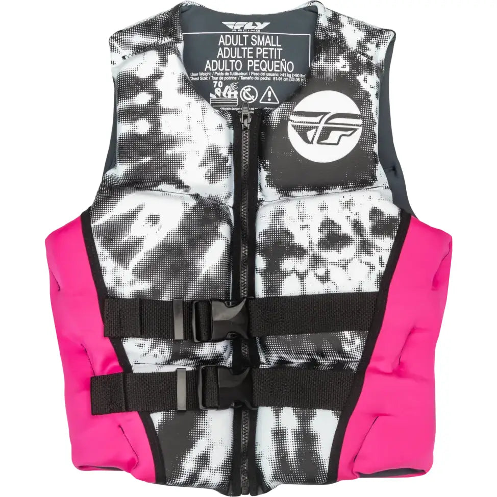 Women’s neoprene floatation vest in black, white, and neon pink for safe swimming