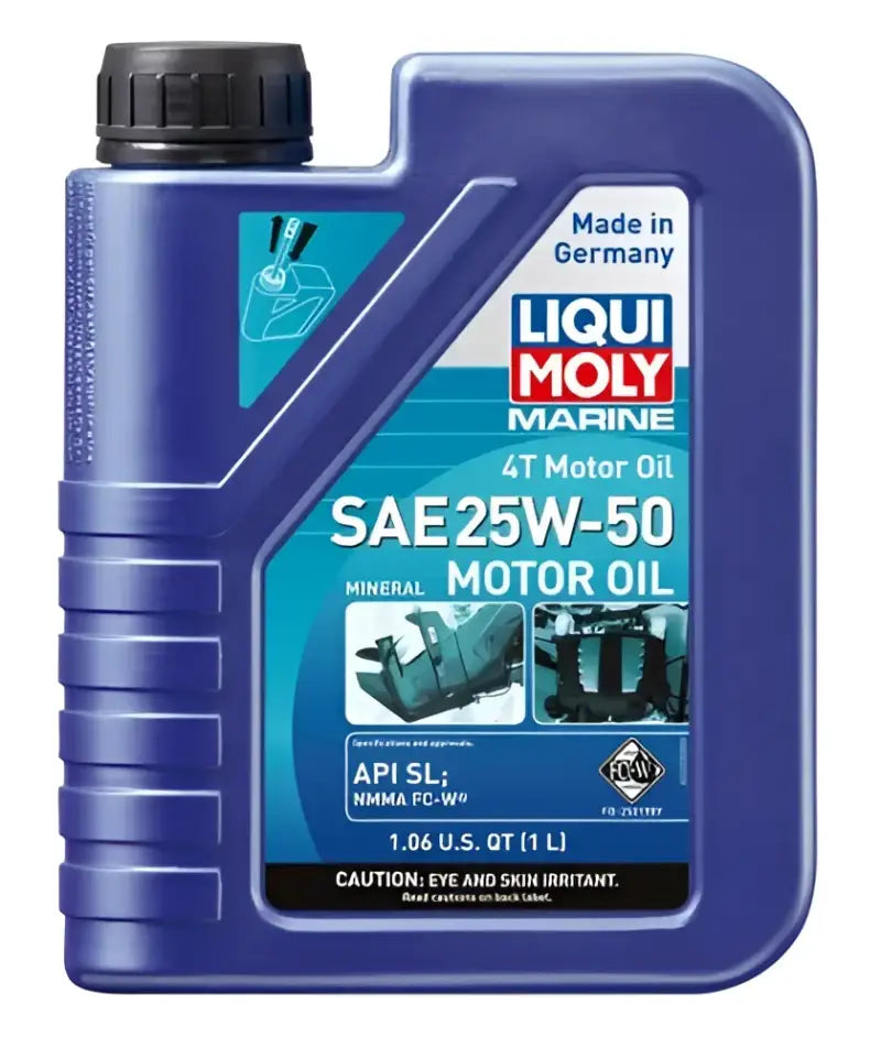 Liqui Moly Marine 4T Motor Oil 25W-50, 1.06 QT container, made in Germany, designed for superior marine engine protection and lubrication.