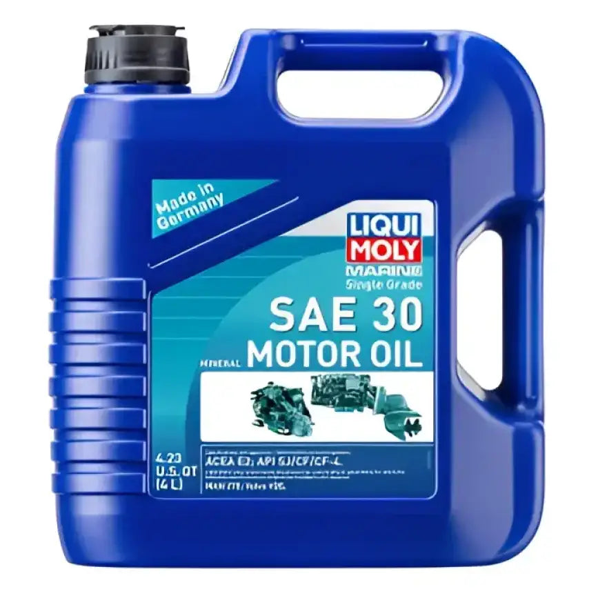 Blue container of Liqui Moly Marine Single Grade SAE 30 motor oil for marine engines