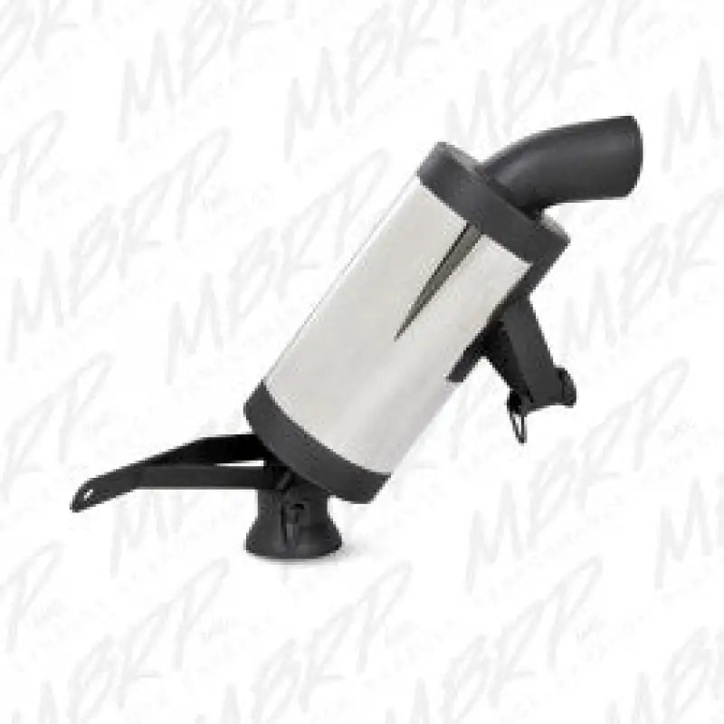 Silver and black performance exhaust standard silencer with mounting bracket for exhaust upgrade