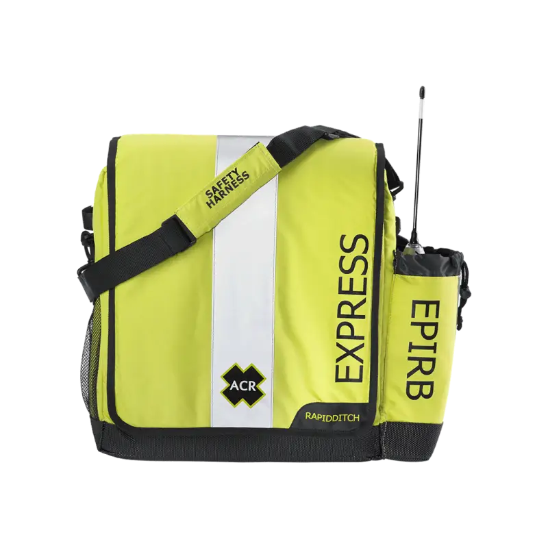 2279 Acr Electron Rapidditch Express safety bag with high-visibility reflective strips, carry handle, and EPIRB compartment.