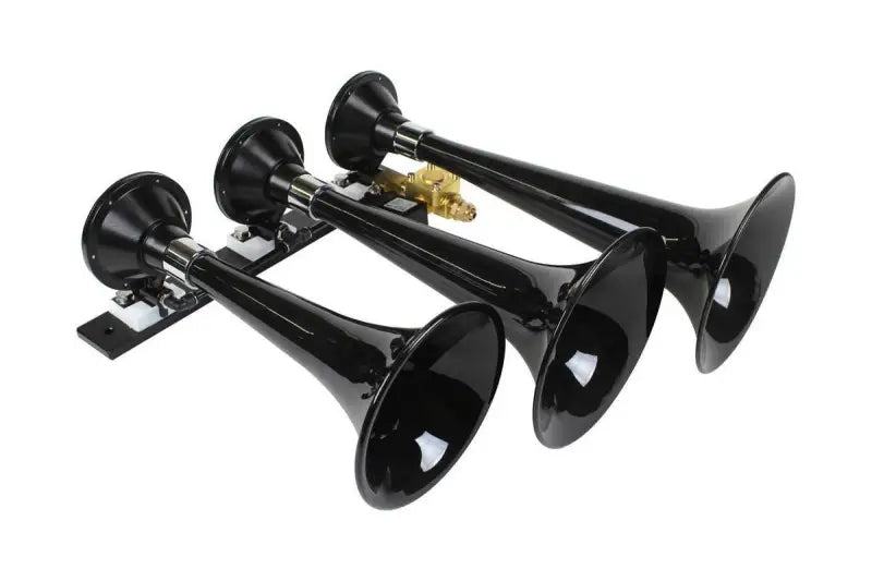 230 Kleinn Auto Triple Train Horn - three powerful black horns with sturdy construction for vehicles.