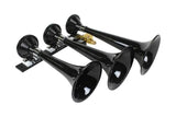 230 Kleinn Auto Triple Train Horn - three powerful black horns with sturdy construction for vehicles.
