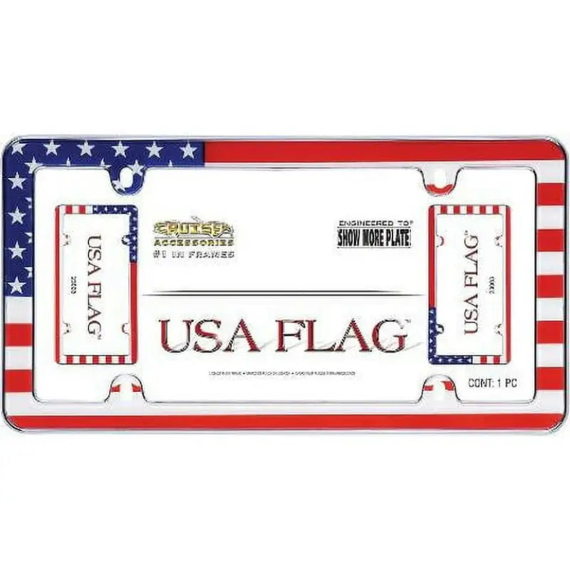 23003 Cruiser USA Flag Chrome license plate frame with a high-quality chrome finish and American flag design in red, white, and blue, proudly displaying patriotism and suitable for vehicle enhancement.