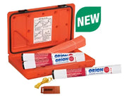 Orion Locater Plus 234 Marine Signal Kit in open orange case with high-intensity flares and whistle for emergency preparedness.