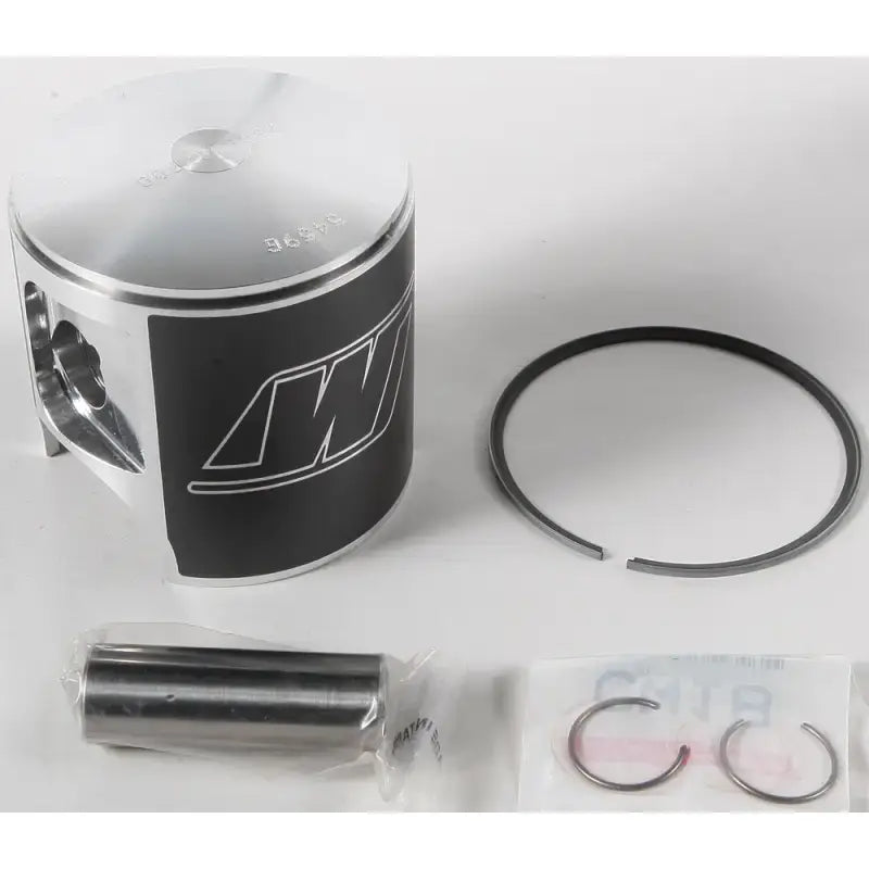 Silver and black piston M07700 Formula Plus with wrist pin, circlips, and piston ring