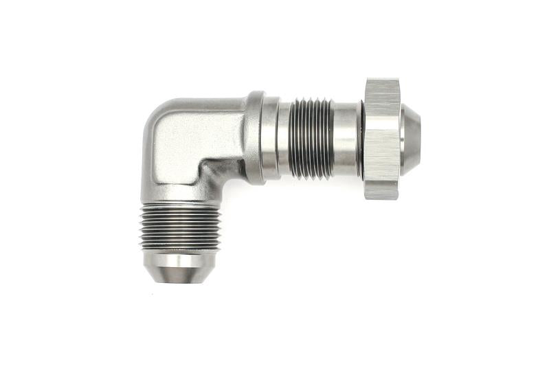 DeatschWerks 6-02-0711 DeatschWerks 8AN Male Flare to 8AN Male Flare Bulkhead Adapter 90-Degree - Anodized Matte Black