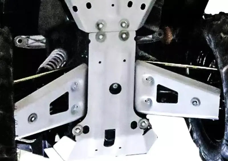 Silver metal undercarriage protection on Rival Powersports USA Rear A Arm Guards alloy