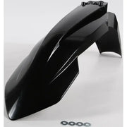 Black motorcycle front fender with mounting hardware, model 2421110001