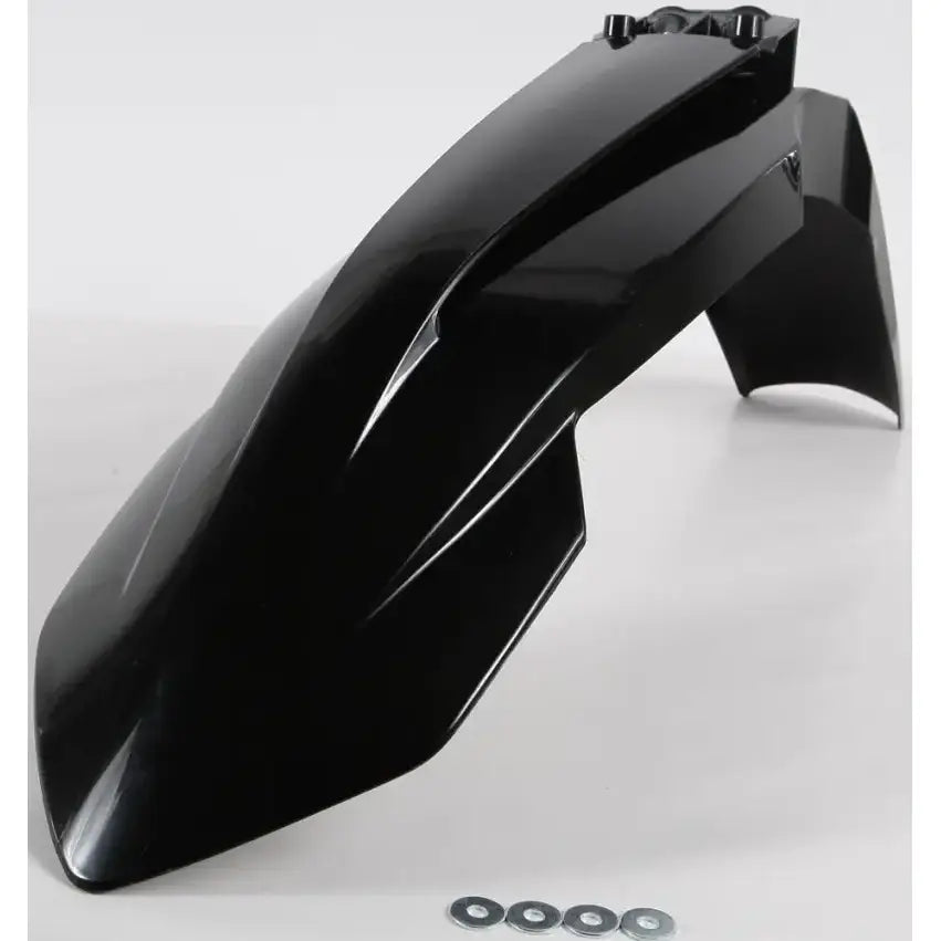 Black motorcycle front fender with mounting hardware, model 2421110001