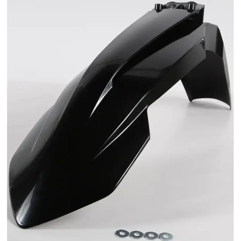 Black motorcycle front fender with mounting hardware, model 2421110001