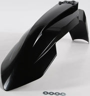 Black motorcycle front fender with mounting hardware, model 2421110001