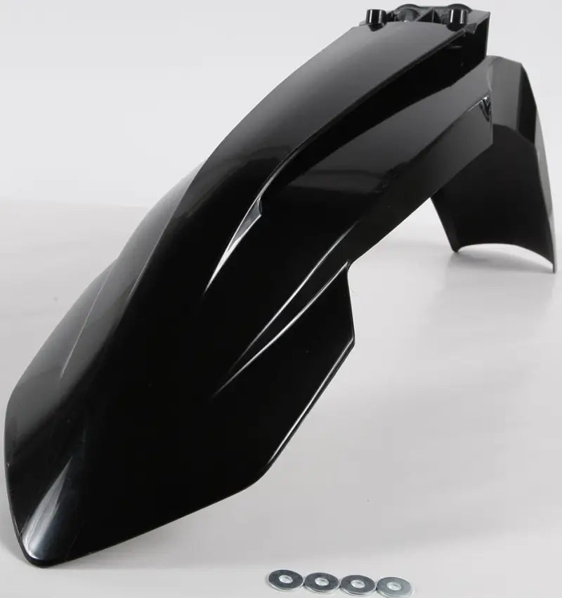 Black motorcycle front fender with mounting hardware, model 2421110001