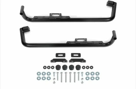 Black metal rock sliders with mounting hardware for Rival Powersports USA vehicles
