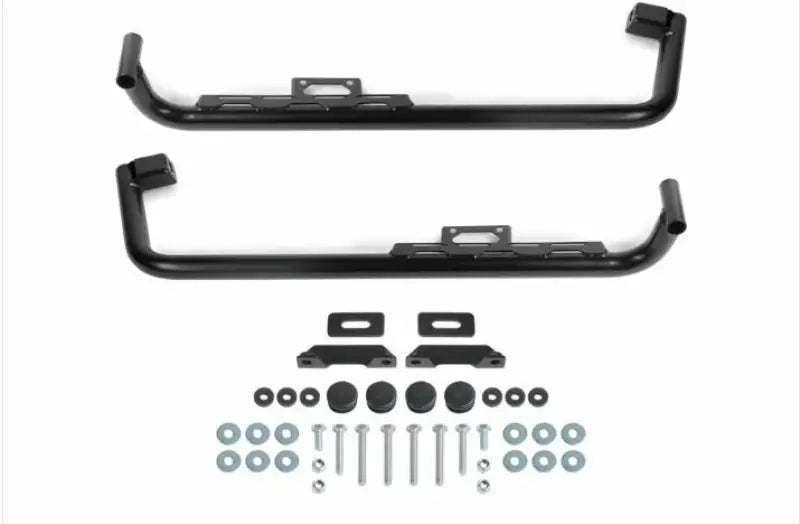 Black metal rock sliders with mounting hardware for Rival Powersports USA vehicles