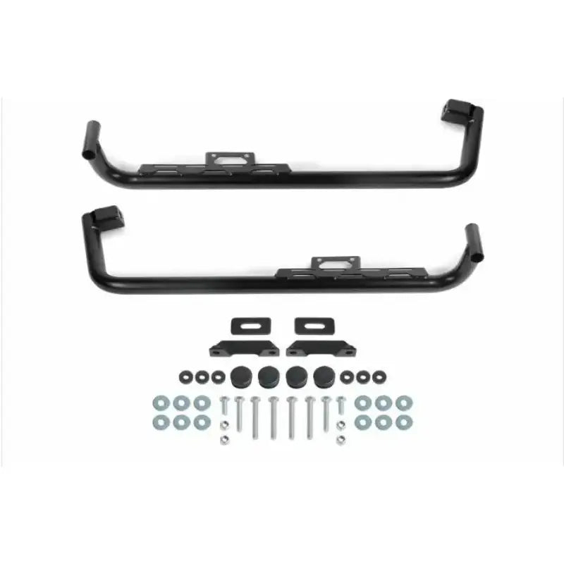 Black metal rock sliders with mounting hardware for Rival Powersports USA vehicles