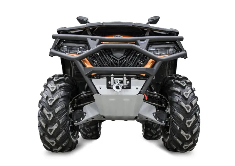 Front view of ATV with winch and large tread tires, Rival Powersports USA gear