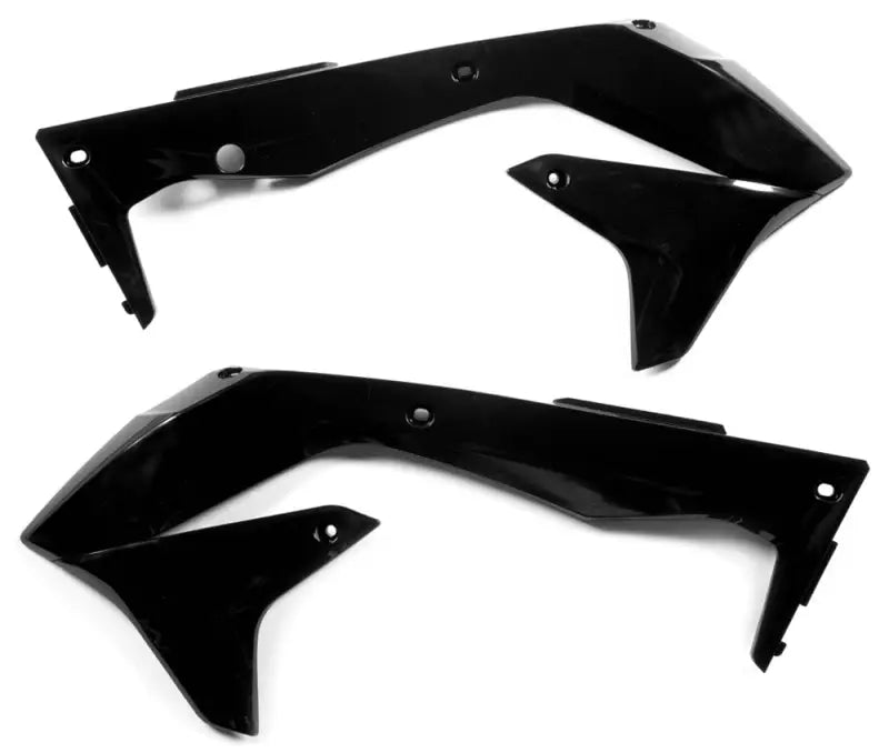 Black plastic radiator shrouds for motorcycle, exact OEM quality, perfect fit