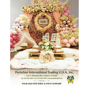 Elegant quinceañera event setup featuring a rose and balloon backdrop by Portofino International Trading U.S.A., Inc.