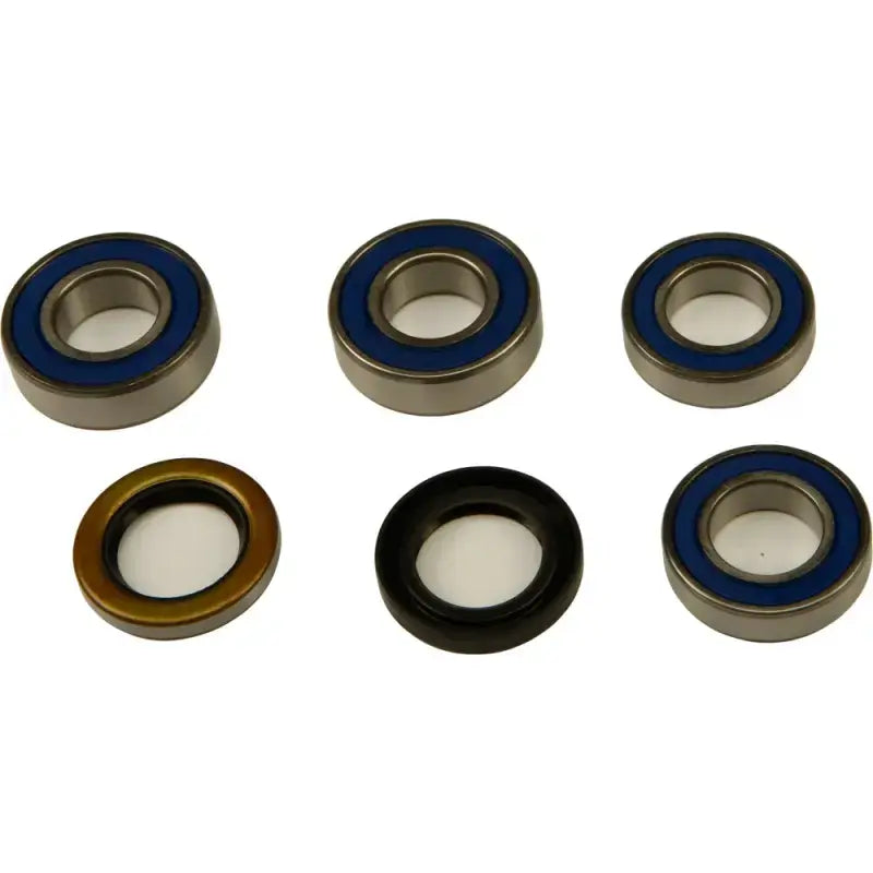 Wheel bearing and seal kit with six bearings and seals, including blue, brown, and black seals