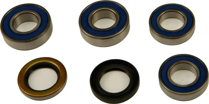 Wheel bearing and seal kit with six bearings and seals, including blue, brown, and black seals