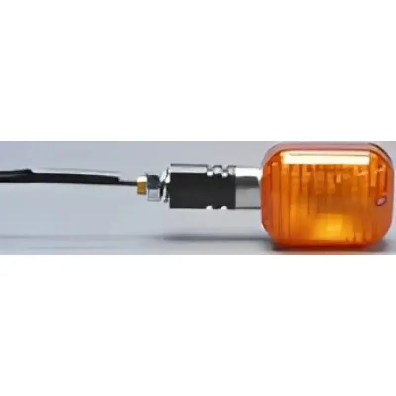 Amber-colored rectangular motorcycle turn signal with black silver stem for approved universal turn lights
