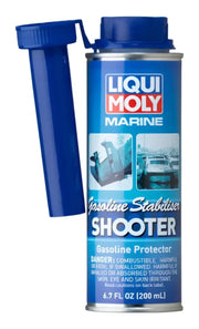 25100 Liqui Moly Marine Gasoline Stabiliser Shooter container with blue cap for stabilizing and protecting marine gasoline from oxidation, corrosion, and deposits in 2- and 4-stroke engines.