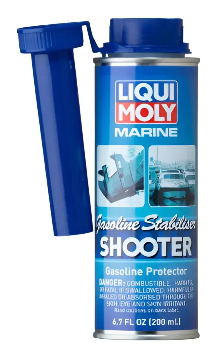 25100 Liqui Moly Marine Gasoline Stabiliser Shooter container with blue cap for stabilizing and protecting marine gasoline from oxidation, corrosion, and deposits in 2- and 4-stroke engines.