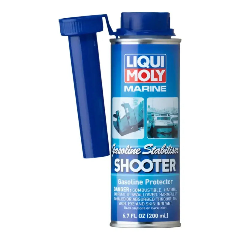 25100 Liqui Moly Marine Gasoline Stabiliser Shooter container with blue cap for stabilizing and protecting marine gasoline from oxidation, corrosion, and deposits in 2- and 4-stroke engines.