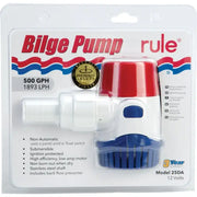 Rule 25DA Non-Automatic Bilge Pump 500 GPH, compact, easy installation, gasoline-resistant strainer, high efficiency, submersible, 72-inch wire leads.