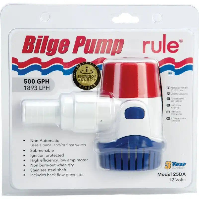 Rule 25DA Non-Automatic Bilge Pump 500 GPH, compact, easy installation, gasoline-resistant strainer, high efficiency, submersible, 72-inch wire leads.