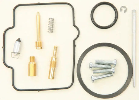 Bike carburetor rebuild kit with brass jets, gaskets, and screws for easy repair